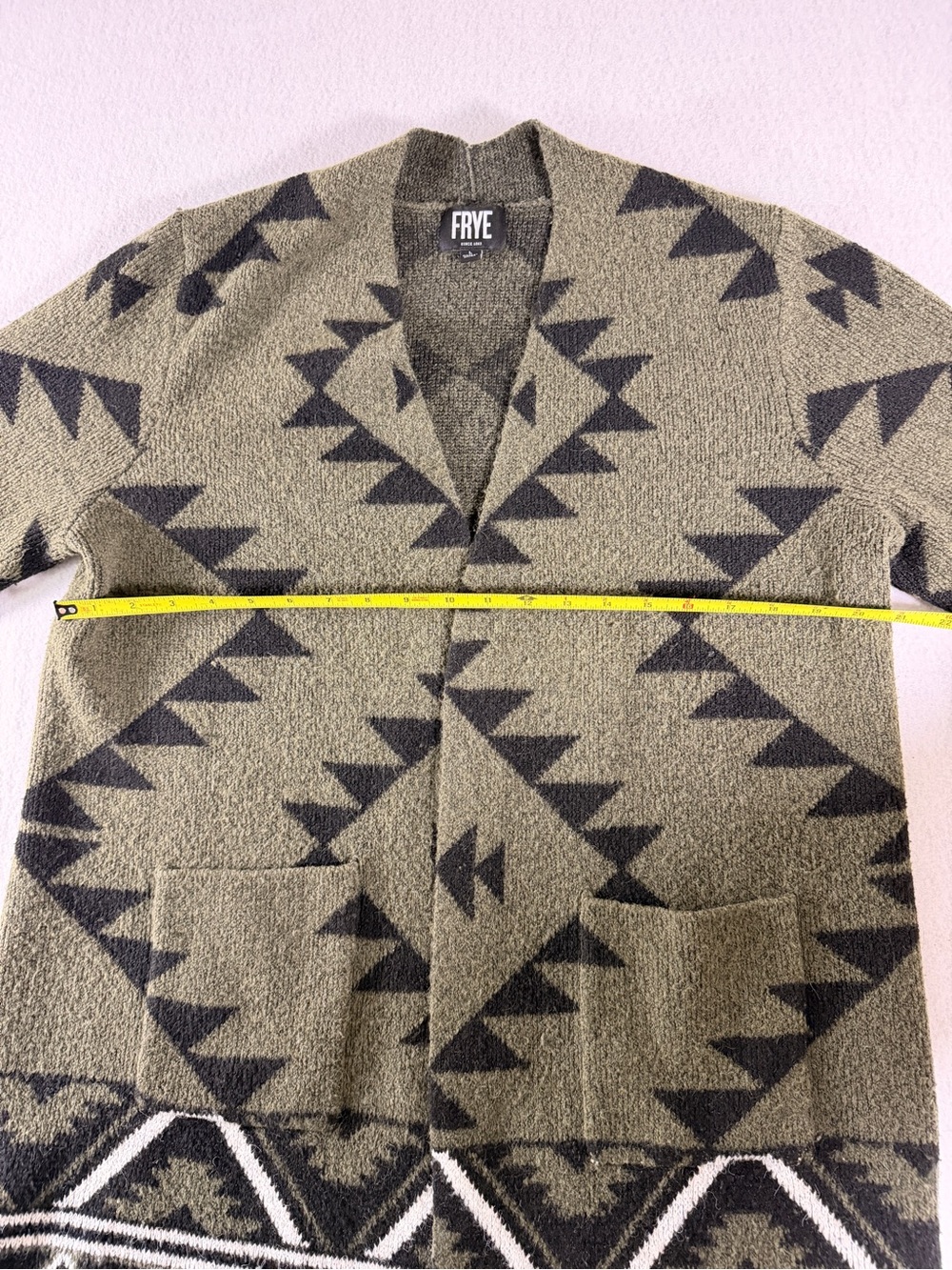 Frye Aztec Southwestern Olive and Black Geometric Open-Front Cardigan - Picture 6 of 7